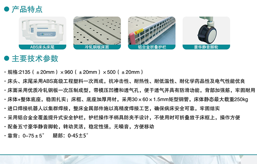 ABS掛式床頭沖孔雙搖護(hù)理床(中控剎車)